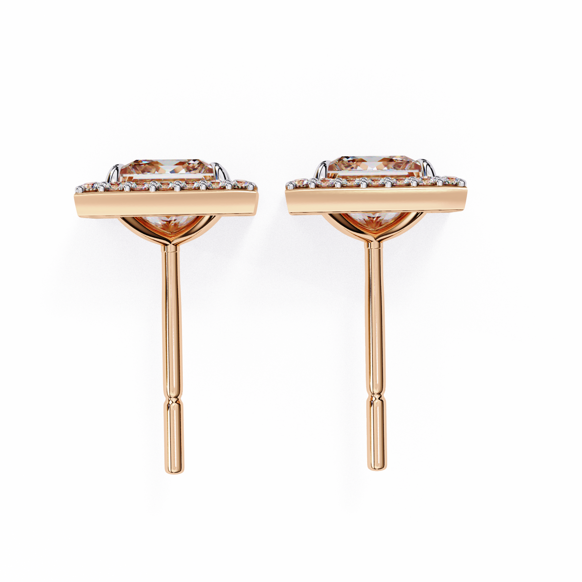 Princess and Round Cut Diamond Art Deco Stud Earrings Alternate Angle