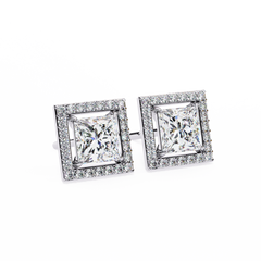 Princess and Round Diamond Art Deco Stud Earrings Close-Up Detail