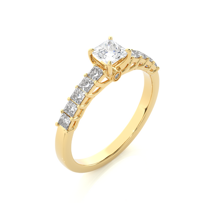 Princess & Round Cut Lab grown Diamond Ring , 14K white Gold Round Side Stone Ring For Her - HIGHCARAT DIAMONDS