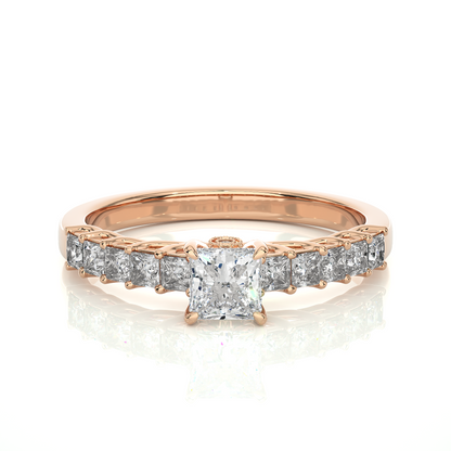 Princess & Round Cut Lab grown Diamond Ring , 14K white Gold Round Side Stone Ring For Her - HIGHCARAT DIAMONDS