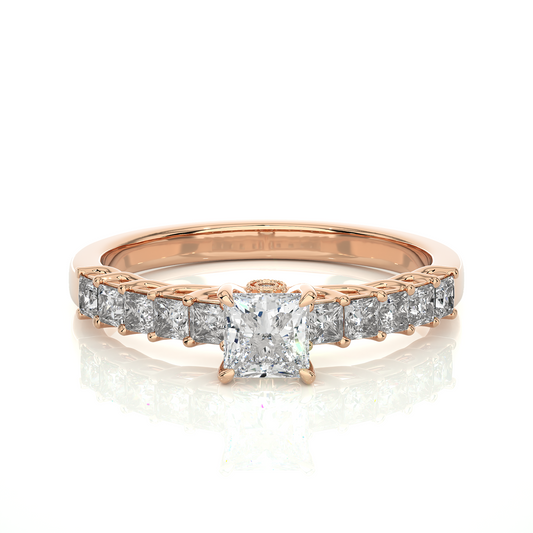 Princess & Round Cut Lab grown Diamond Ring , 14K white Gold Round Side Stone Ring For Her - HIGHCARAT DIAMONDS