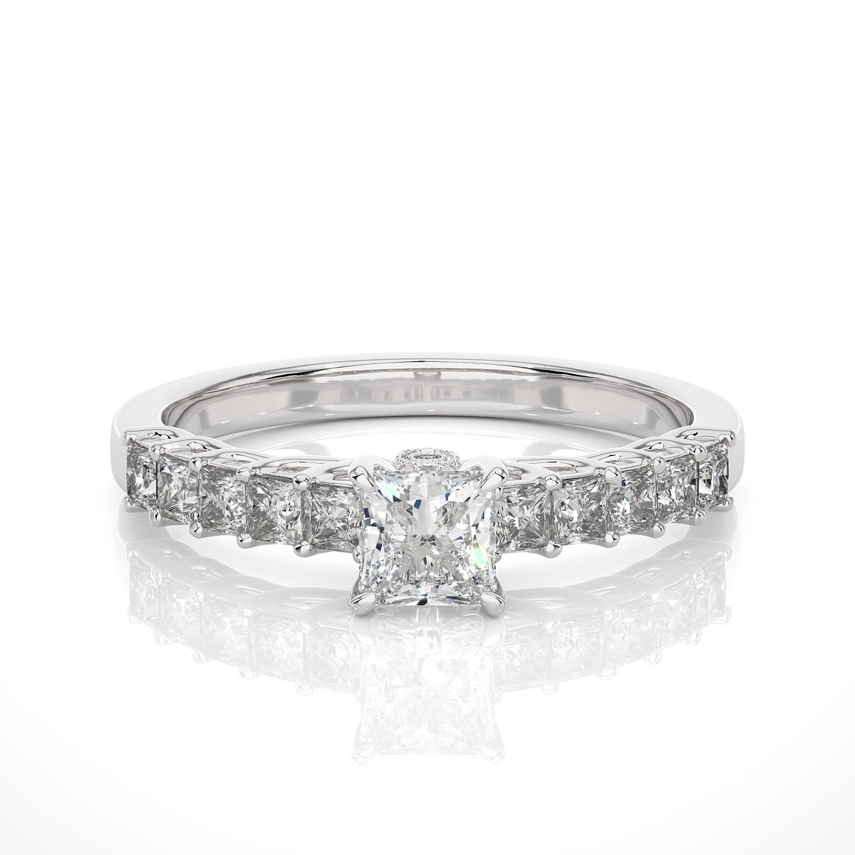 Princess & Round Cut Lab grown Diamond Ring , 14K white Gold Round Side Stone Ring For Her - HIGHCARAT DIAMONDS