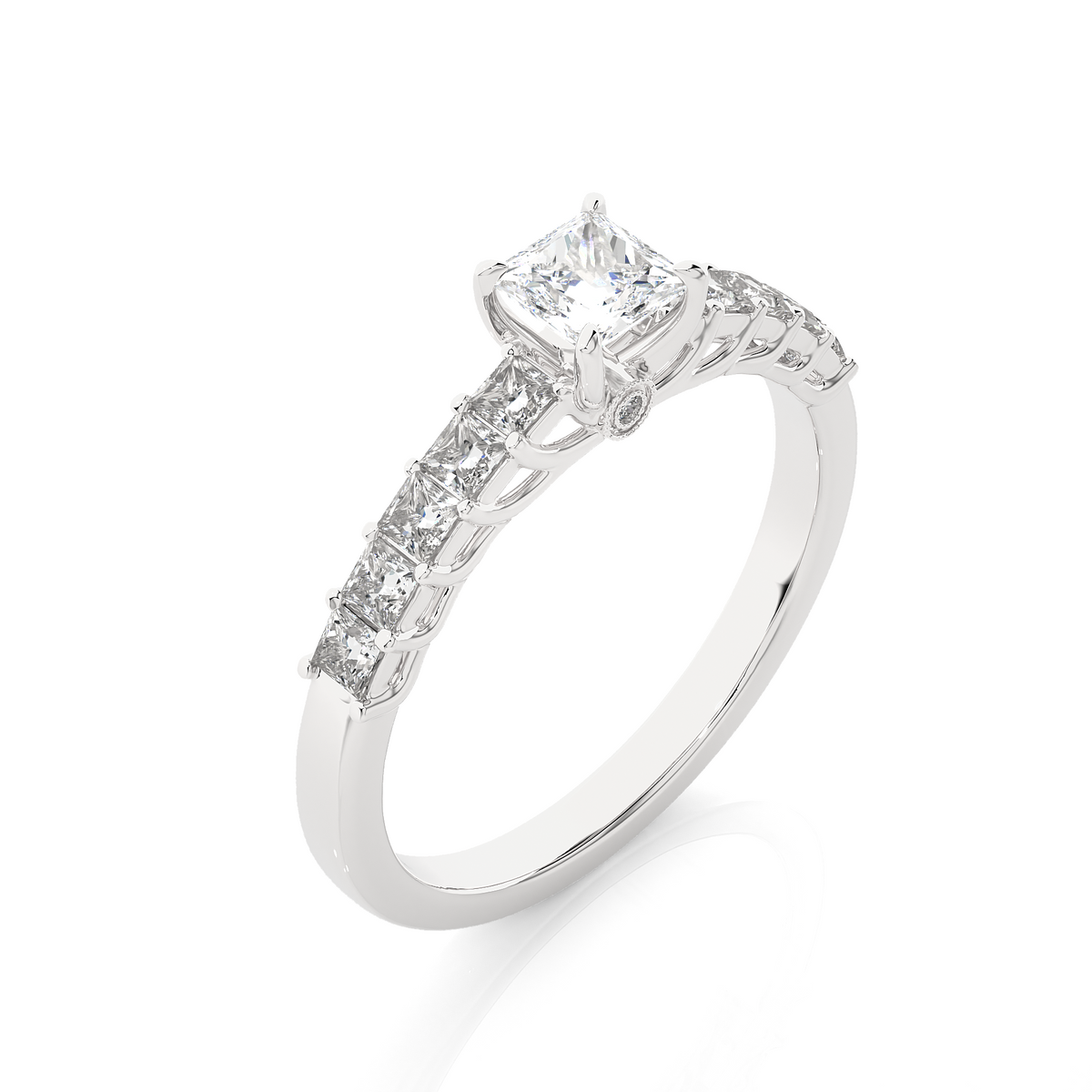 Princess & Round Cut Lab grown Diamond Ring , 14K white Gold Round Side Stone Ring For Her - HIGHCARAT DIAMONDS