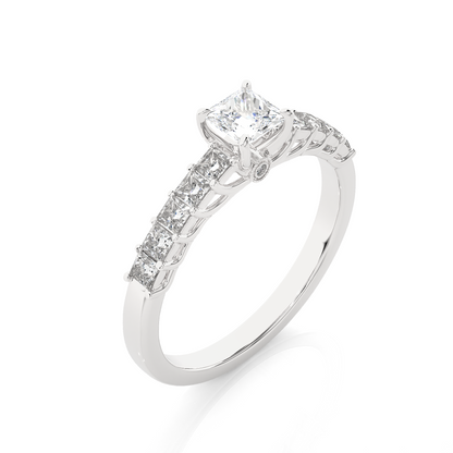 Princess & Round Cut Lab grown Diamond Ring , 14K white Gold Round Side Stone Ring For Her - HIGHCARAT DIAMONDS