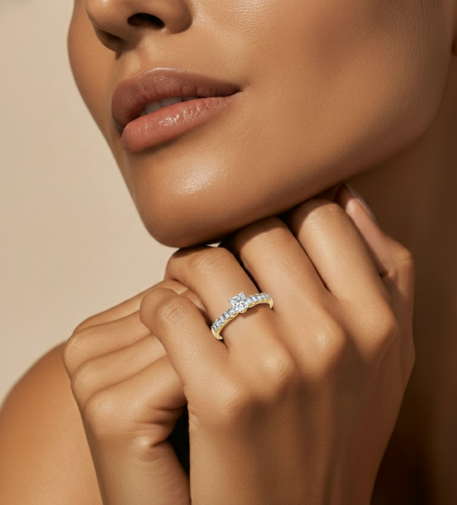 Princess & Round Cut Lab grown Diamond Ring , 14K white Gold Round Side Stone Ring For Her - HIGHCARAT DIAMONDS #wearthelook
