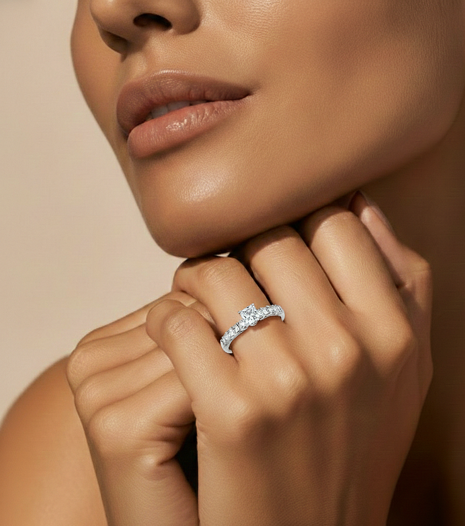 Princess & Round Cut Lab grown Diamond Ring , 14K white Gold Round Side Stone Ring For Her - HIGHCARAT DIAMONDS #wearthelook