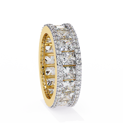 Side profile of princess cut eternity band with full circle diamond setting