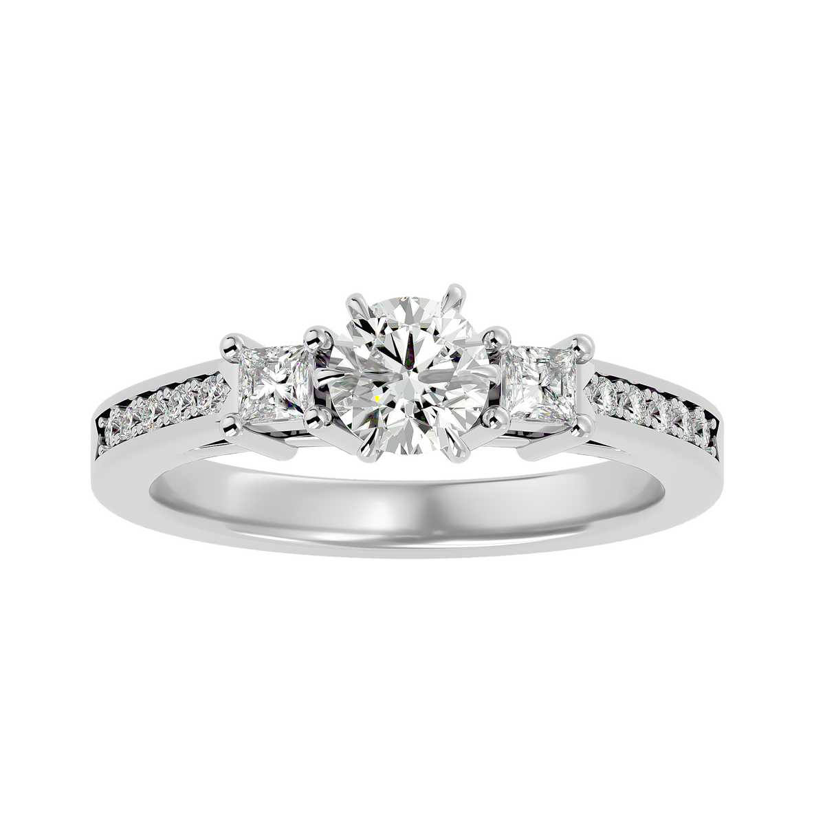 Princess And Round Diamond Accented 18K Solid Gold Three Row Diamond Proposal Ring For Her. - HIGHCARAT DIAMONDS