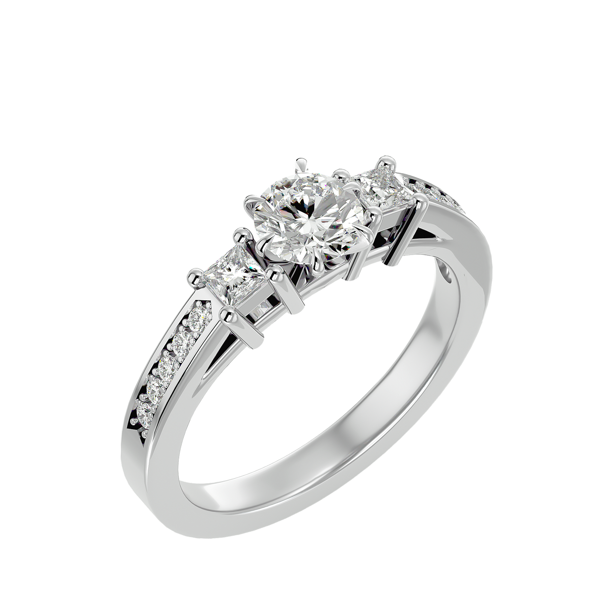 Princess And Round Diamond Accented 18K Solid Gold Three Row Diamond Proposal Ring For Her. - HIGHCARAT DIAMONDS
