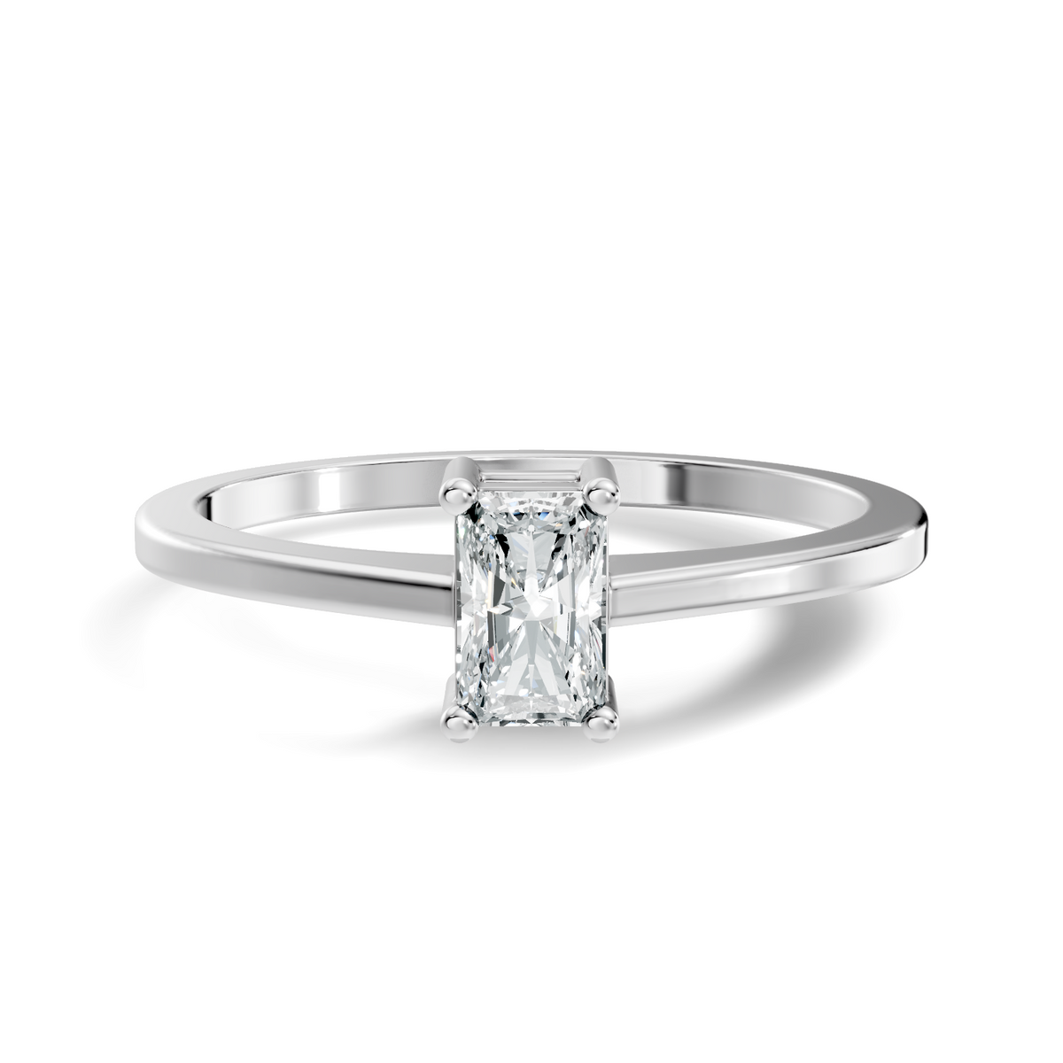 Front view of radiant cut lab grown diamond solitaire ring