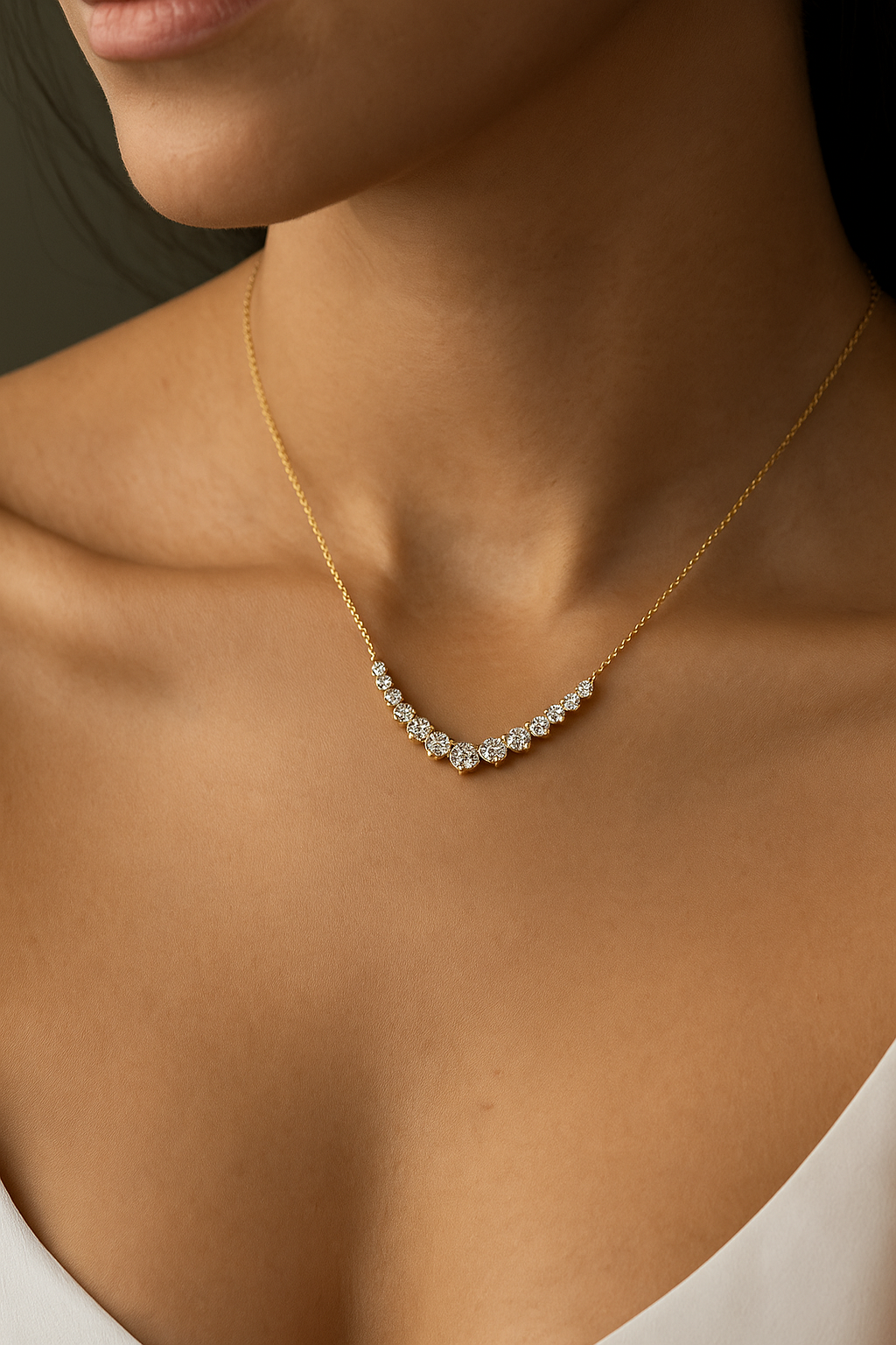Round Cut Curved Bar Lab Grown Diamond White Gold Necklace - HIGHCARAT DIAMONDS