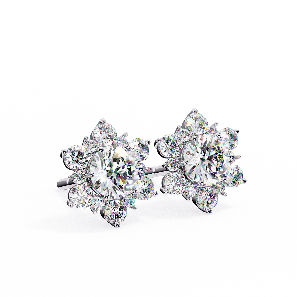 Flower Shape Diamond Cluster Stud Earrings Close-Up Detail