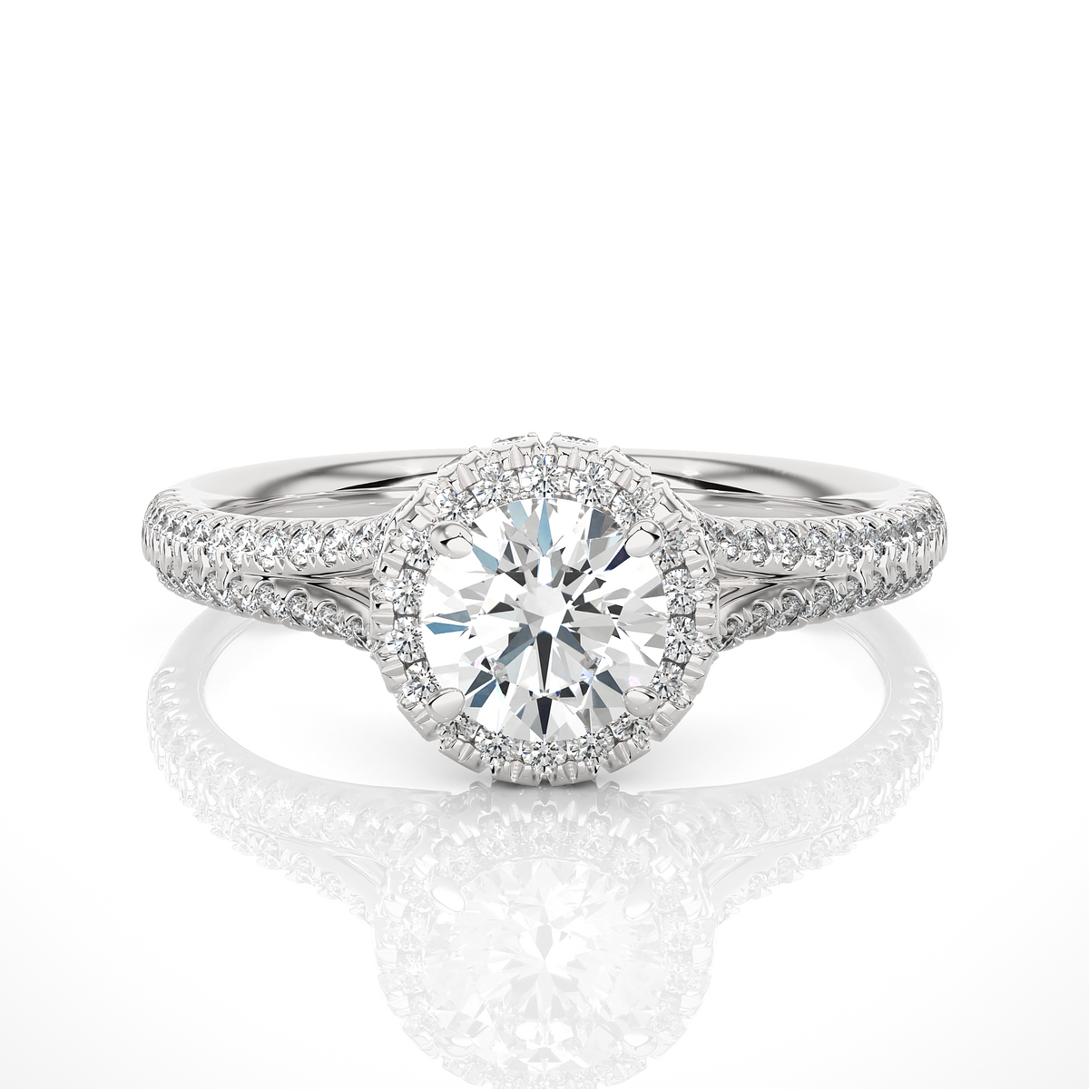 Front view of round cut halo lab diamond ring with pave band in white gold