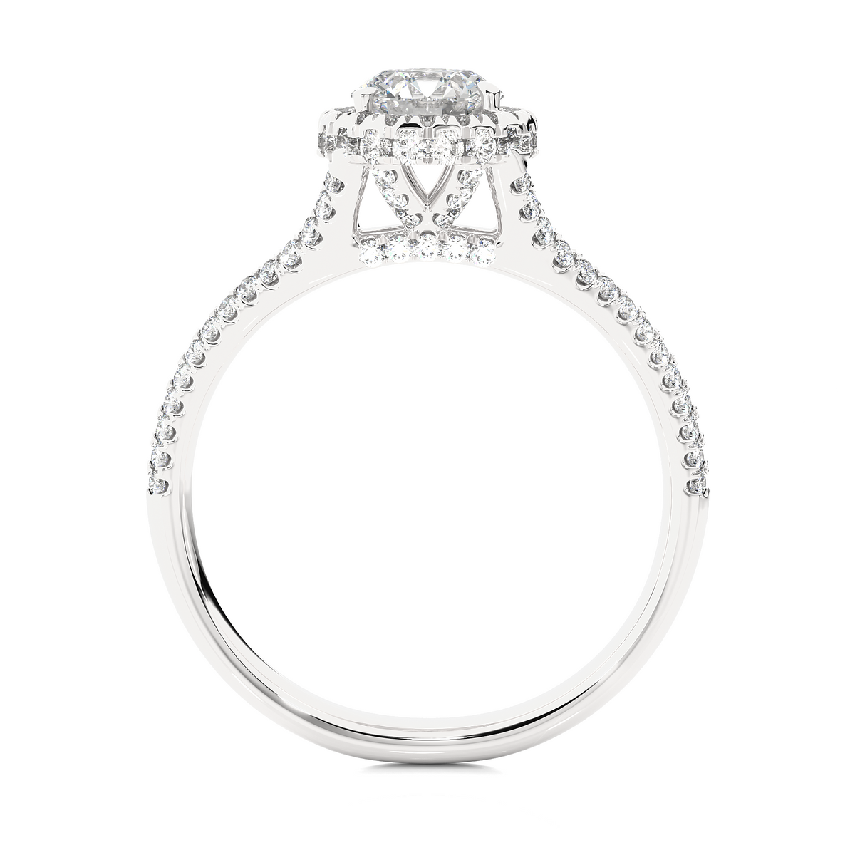 Close up of round cut lab grown diamond with halo and pave details