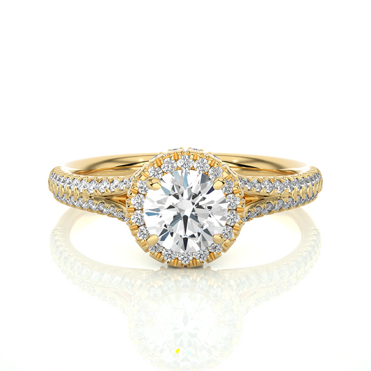 Rose gold round cut lab grown diamond ring with pave halo setting