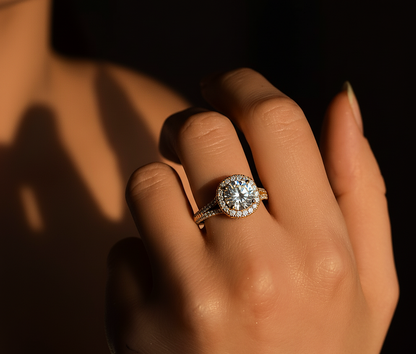 Rose gold halo engagement ring styled on hand with round center diamond #wearthelook