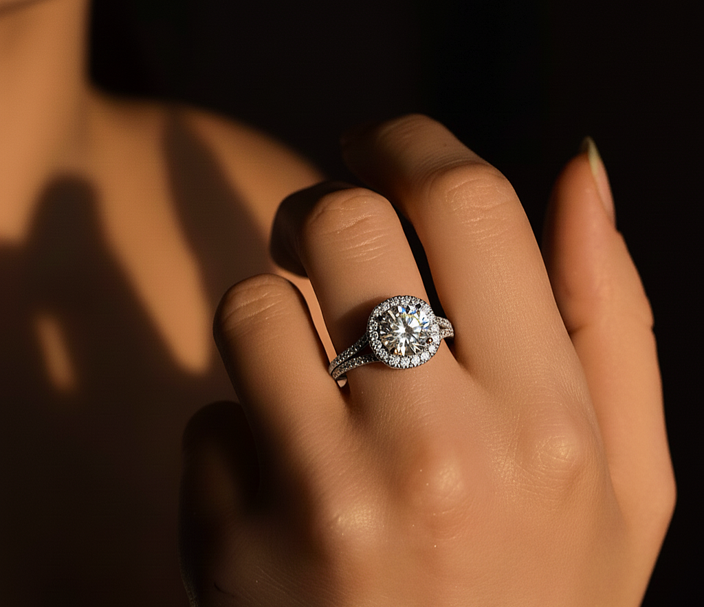 Round halo lab diamond ring worn on finger with white gold finish #wearthelook