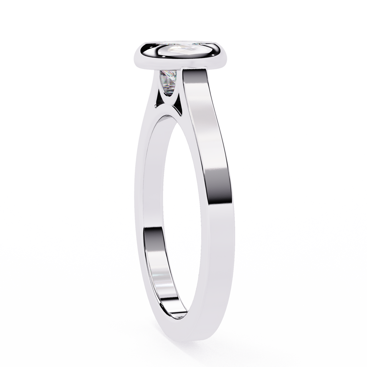 Close up of round cut bezel set solitaire ring with refined details