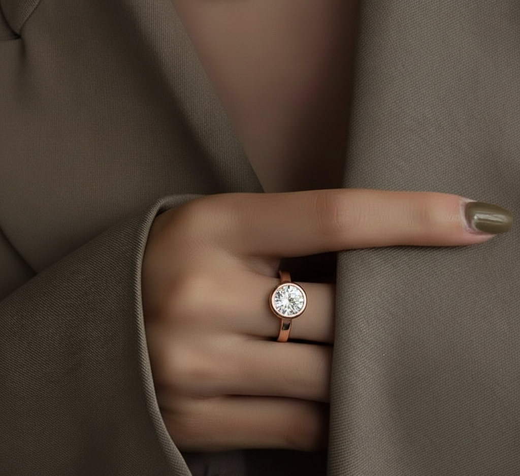 Hand wearing round bezel set solitaire lab diamond ring