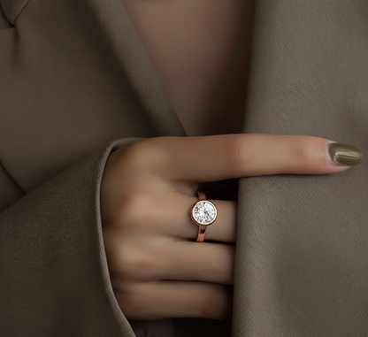 Hand wearing round bezel set solitaire lab diamond ring