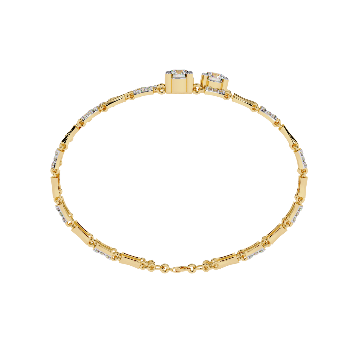 Close up of round cut lab diamonds on prong set bracelet