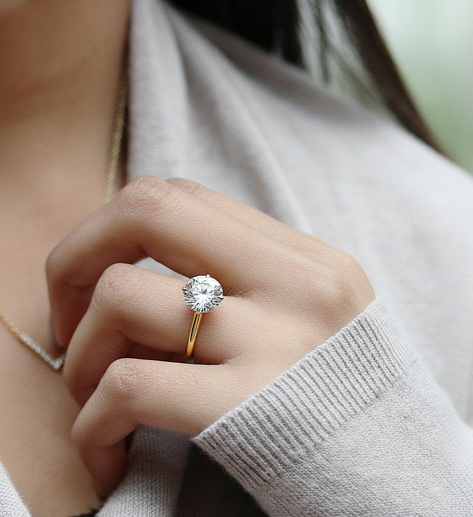 Angled view of round diamond solitaire ring with polished band #wearthelook