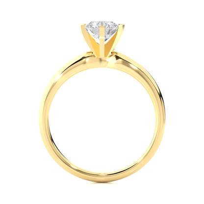 Close up of round cut solitaire ring with refined prong details