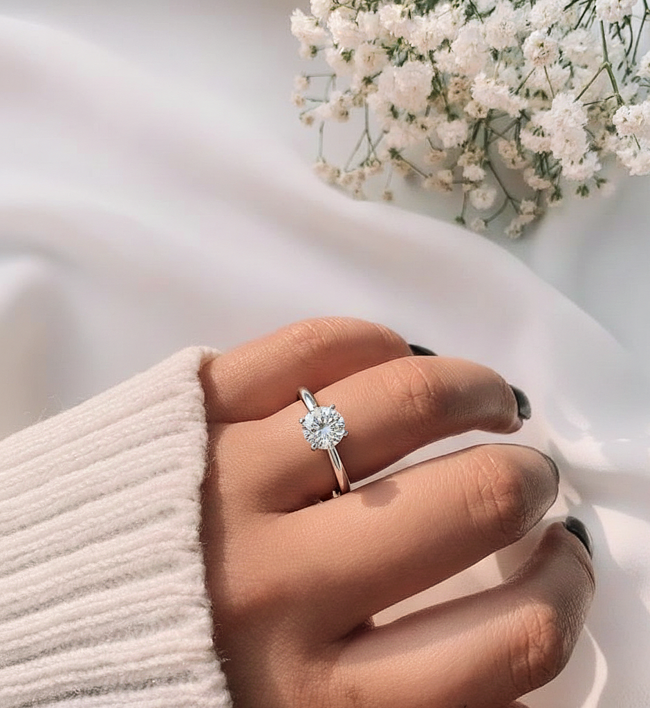Side profile of round cut lab diamond solitaire engagement ring