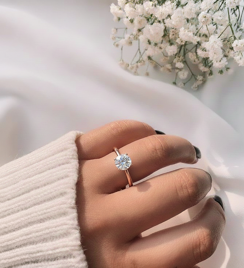 Hand wearing round shape solitaire lab diamond ring