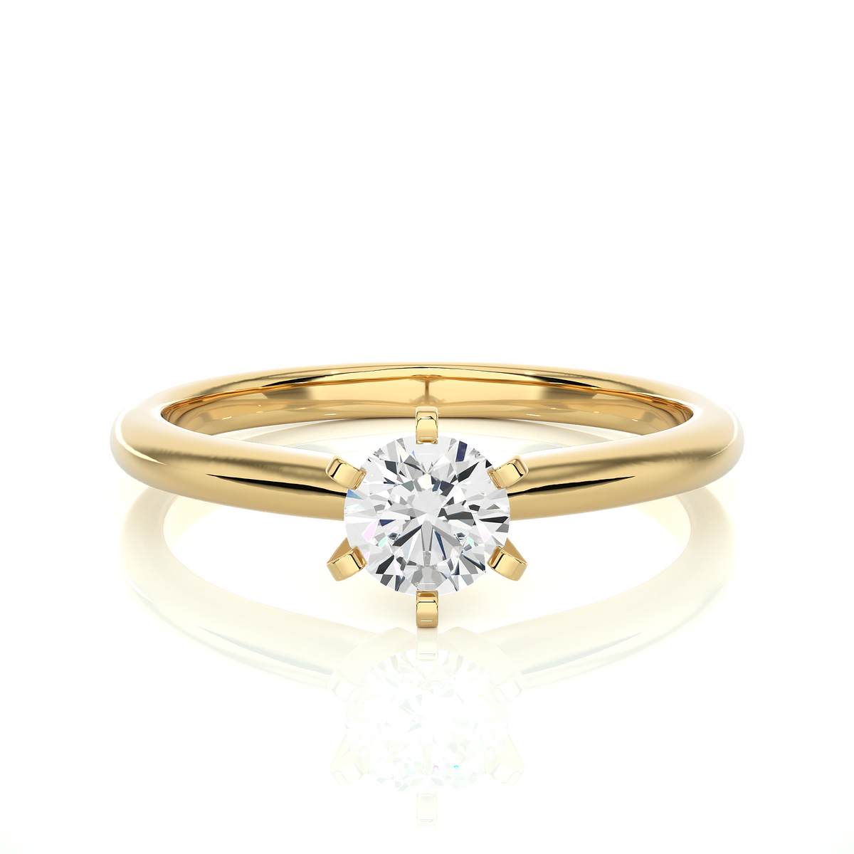 Solitaire Engagement Ring featuring round cut lab grown diamond in six prong setting