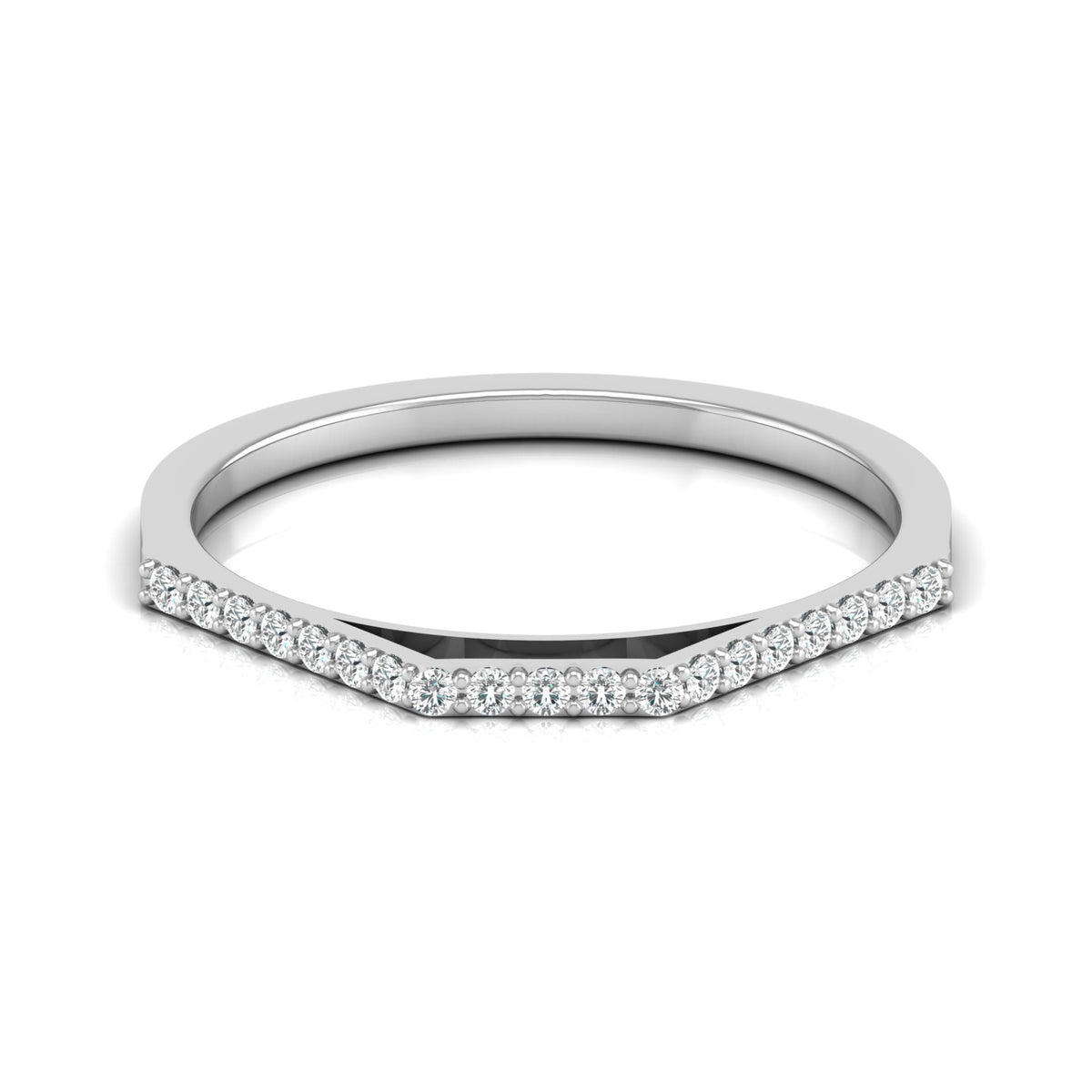 Front view of round cut lab grown diamond curved wedding band in white gold