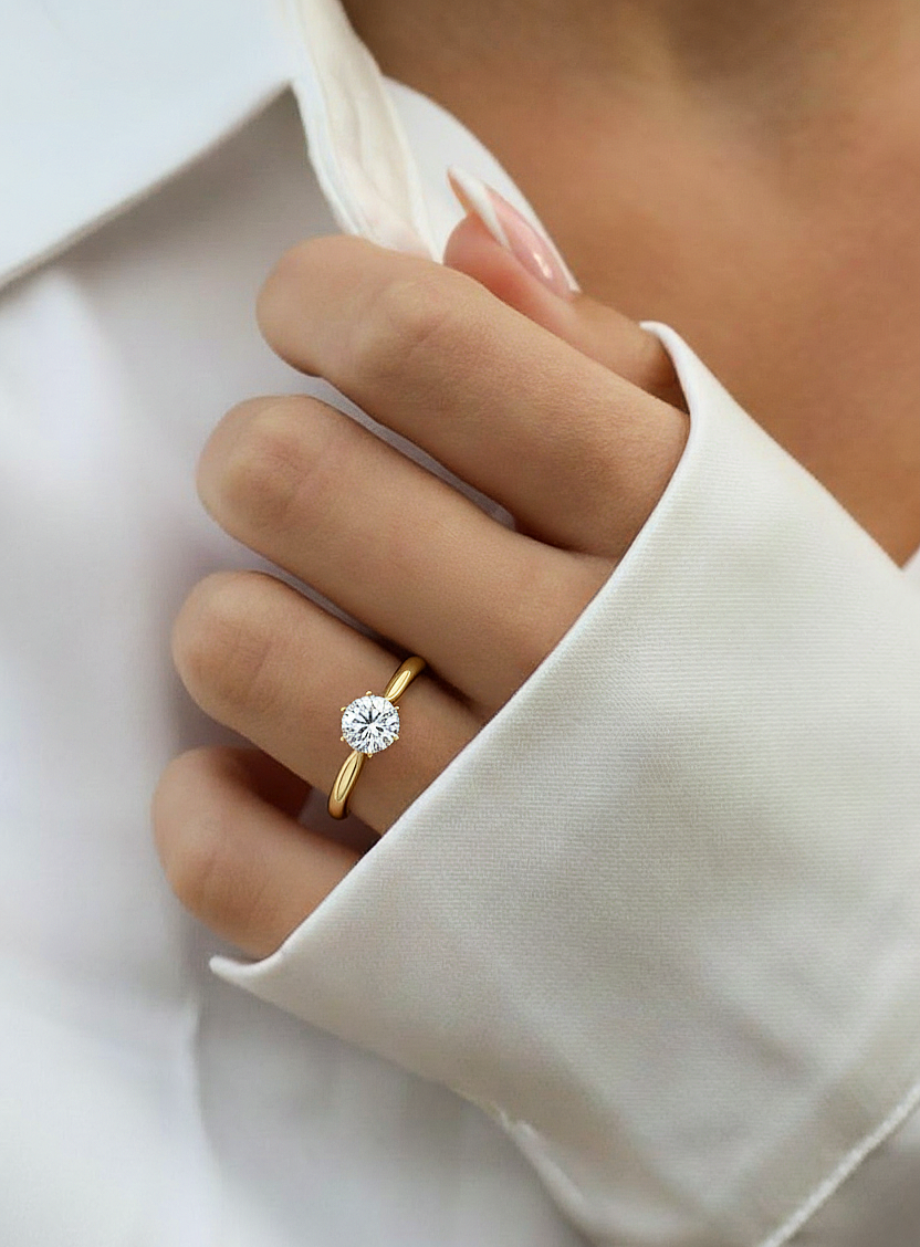 Hand wearing round shape lab diamond engagement ring