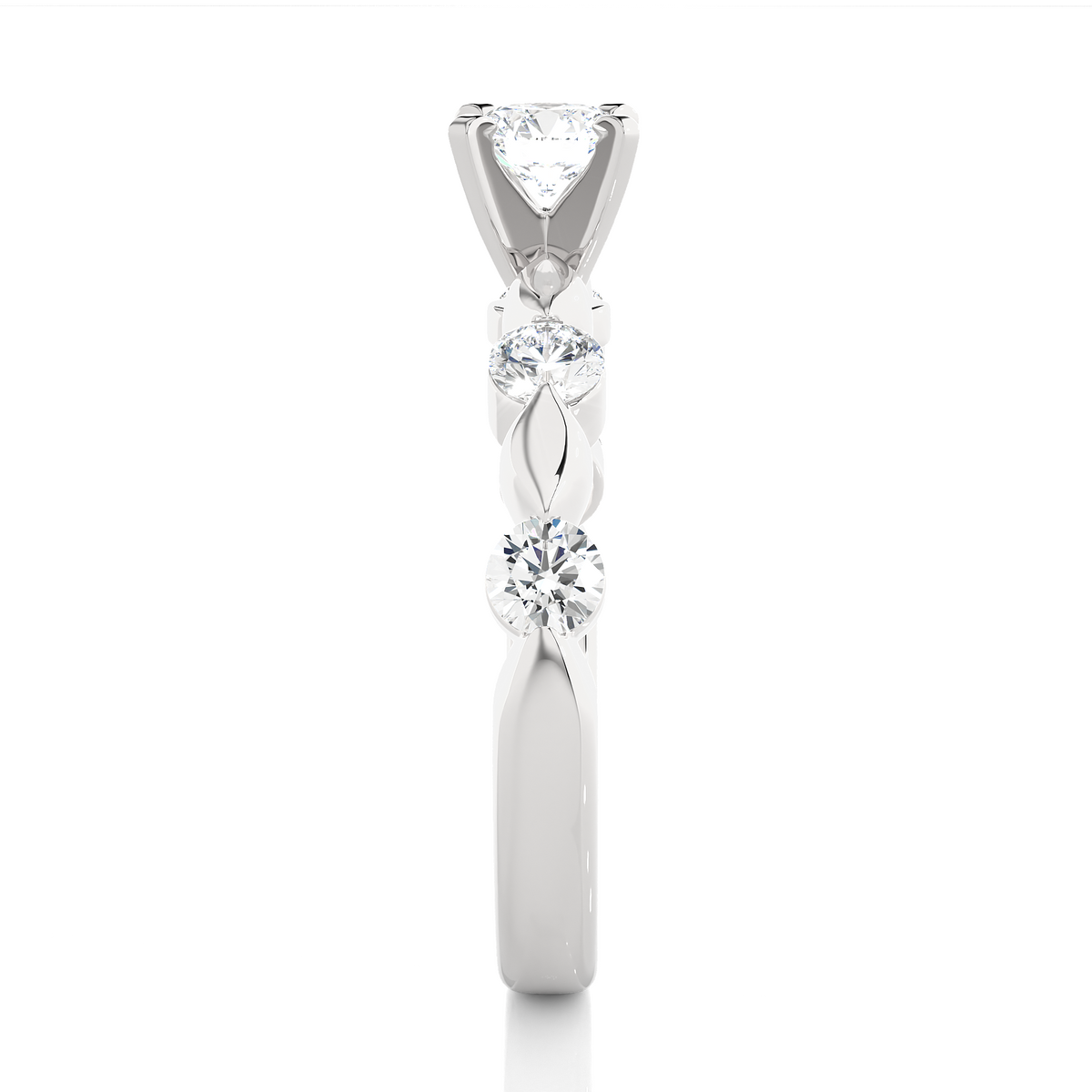 side view of white gold round lab grown diamond ring