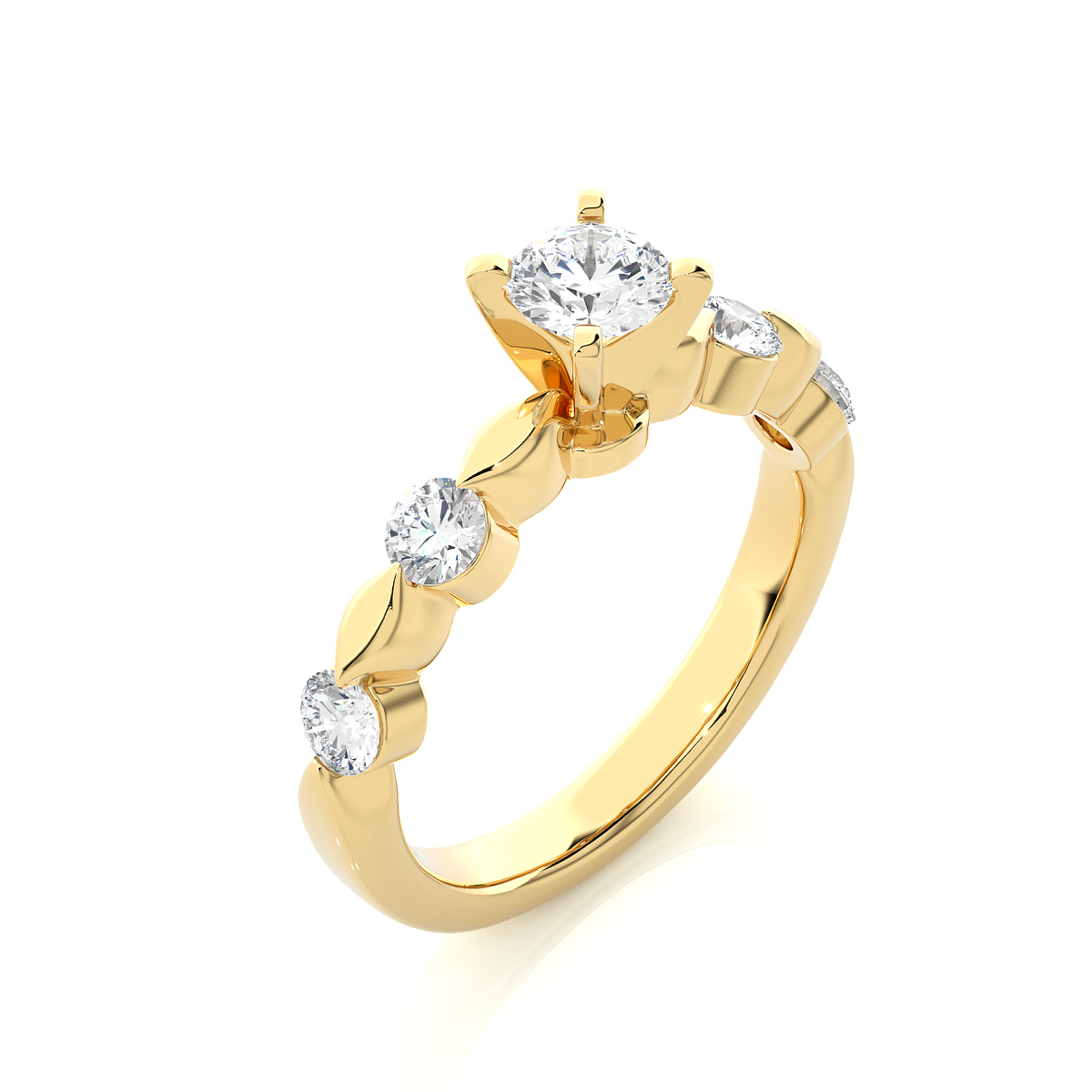 cross view of round lab grown diamond ring in yellow gold
