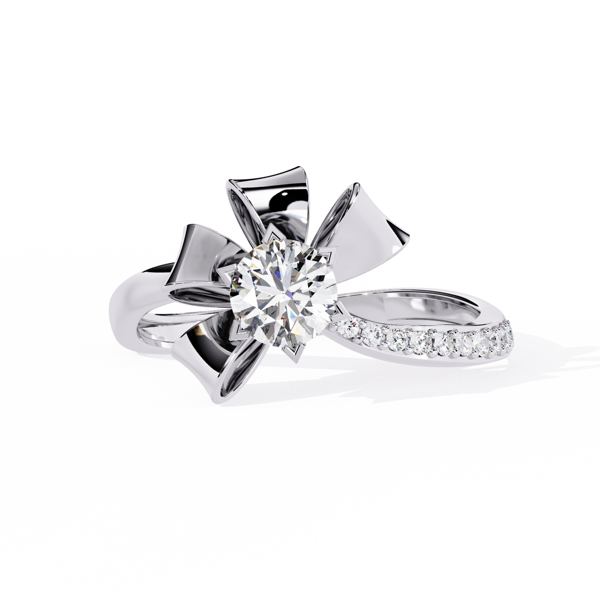 Front view of round cut lab grown diamond floral design ring