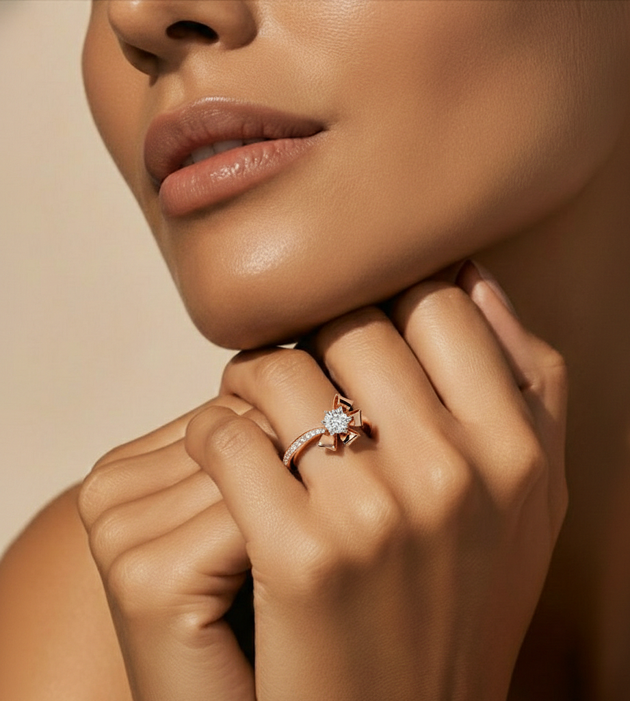 Unique sculptural engagement ring with floral diamond centerpiece