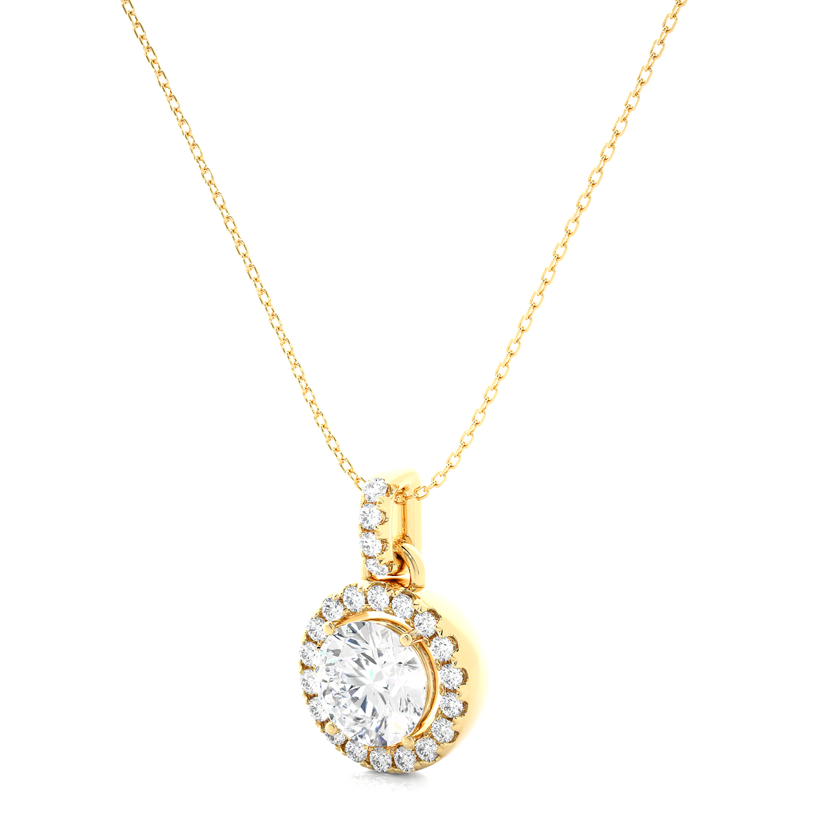 Halo Round Cut Diamond Pendant Necklace in 14k Solid Gold with Labgrown Diamond Accent - HIGHCARAT DIAMONDS