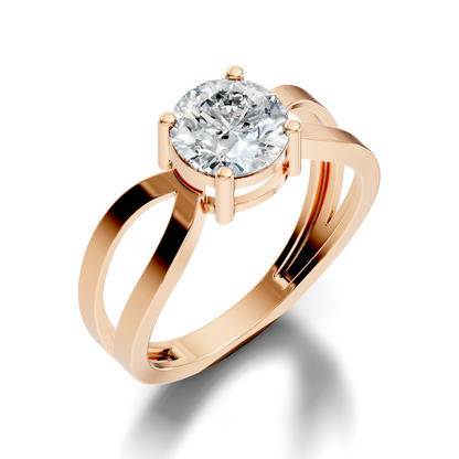 Close up of round cut solitaire ring with open twist details