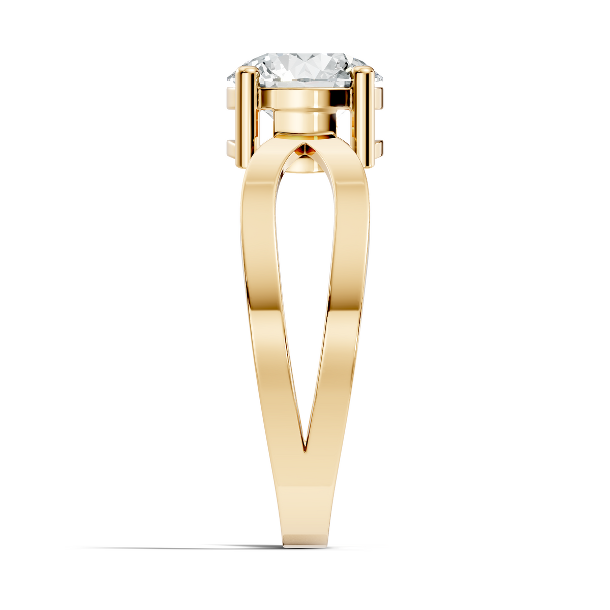 Side profile of round cut lab diamond solitaire open twist ring