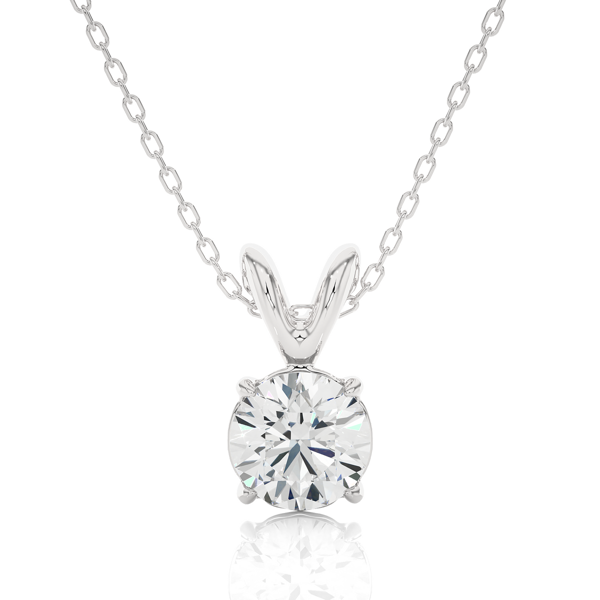 Front view of round cut lab grown diamond solitaire pendant in white gold