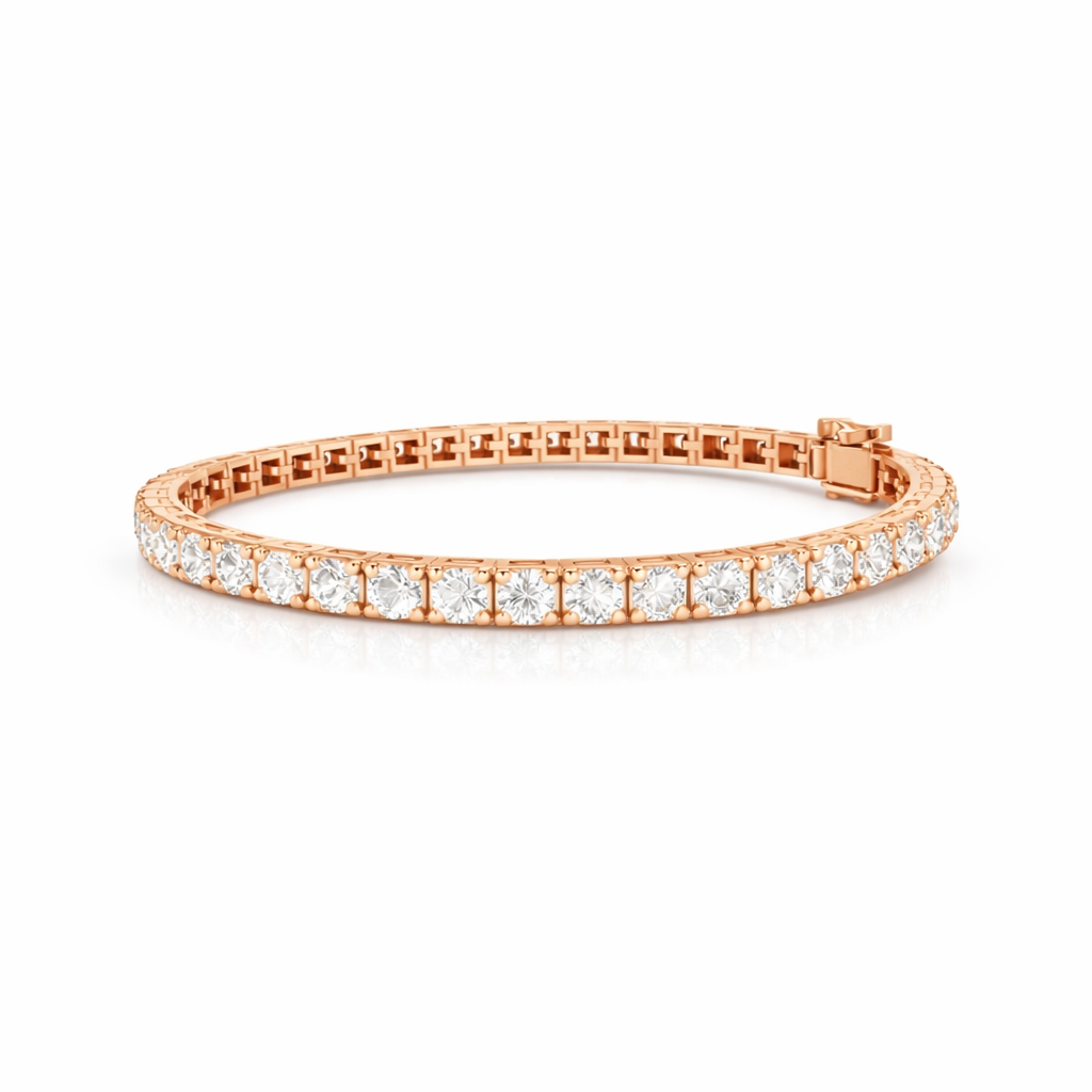 Angled view of round diamond tennis bracelet in yellow gold
