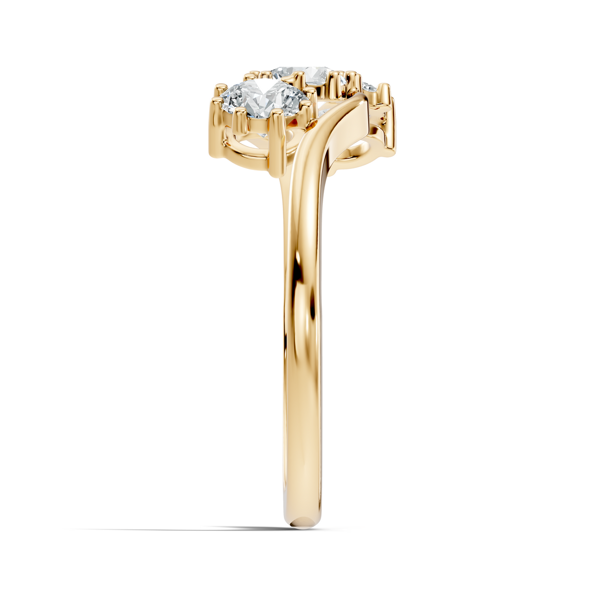 Angled view of three stone diamond wave ring in rose gold
