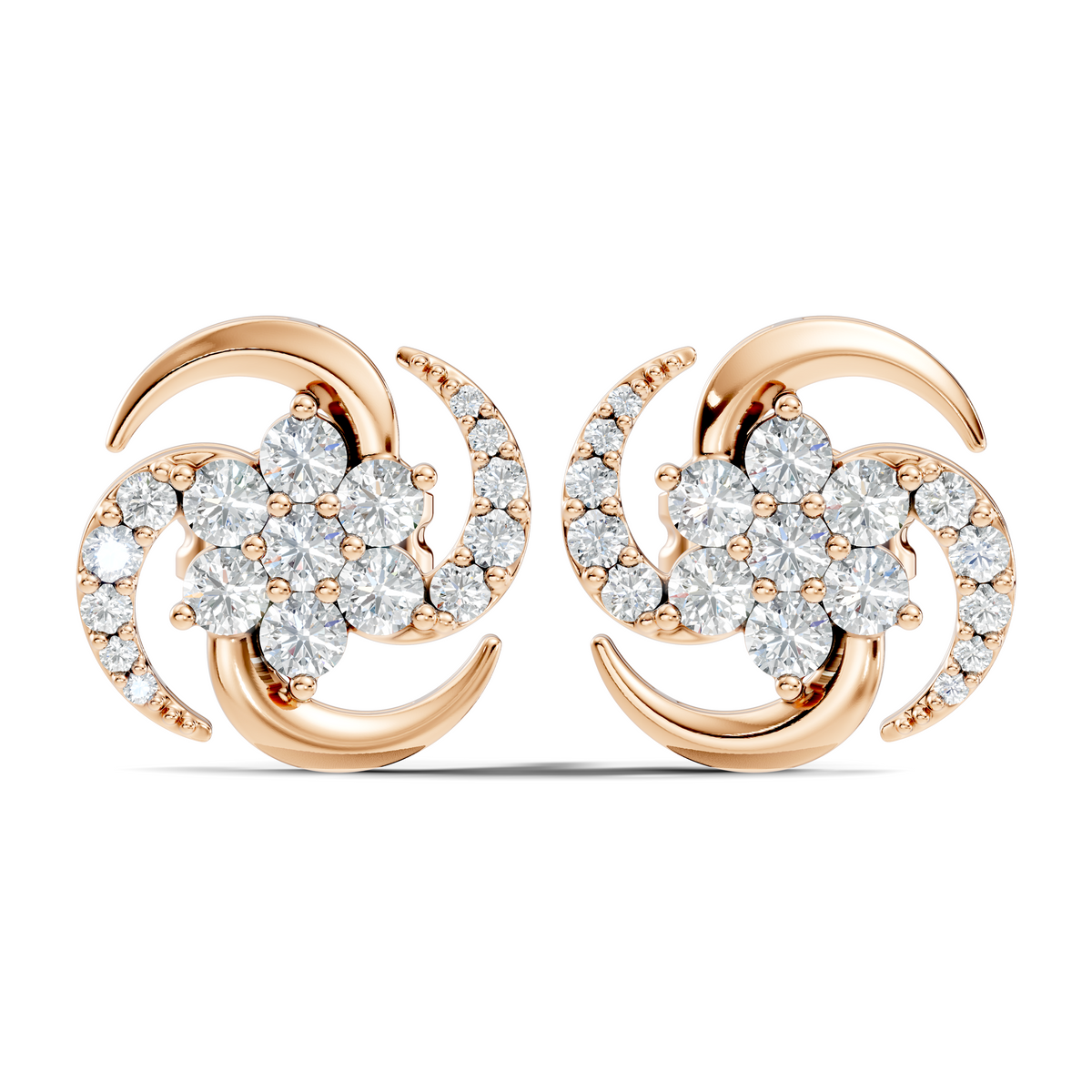 Timeless 14K Solid Rose Gold Floral Swirl Diamond Stud Earrings Everyday To Party Wear - HIGHCARAT DIAMONDS