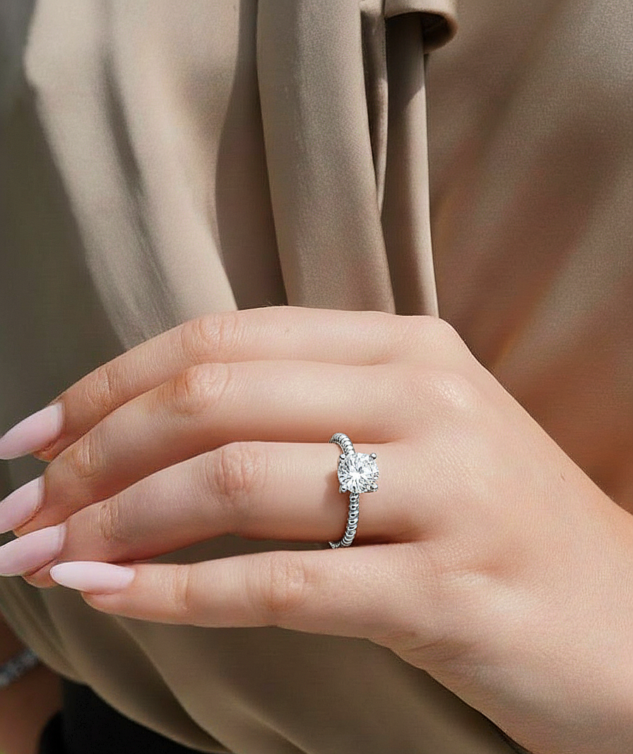 Hand wearing round shape solitaire lab diamond engagement ring