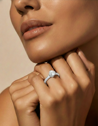 Round Cut Lab Grown  Diamond Halo Engagement 14K Solid Gold Ring For Her - HIGHCARAT DIAMONDS #wearthelook