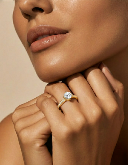 Round Cut Lab Grown  Diamond Halo Engagement 14K Solid Gold Ring For Her - HIGHCARAT DIAMONDS #wearthelook