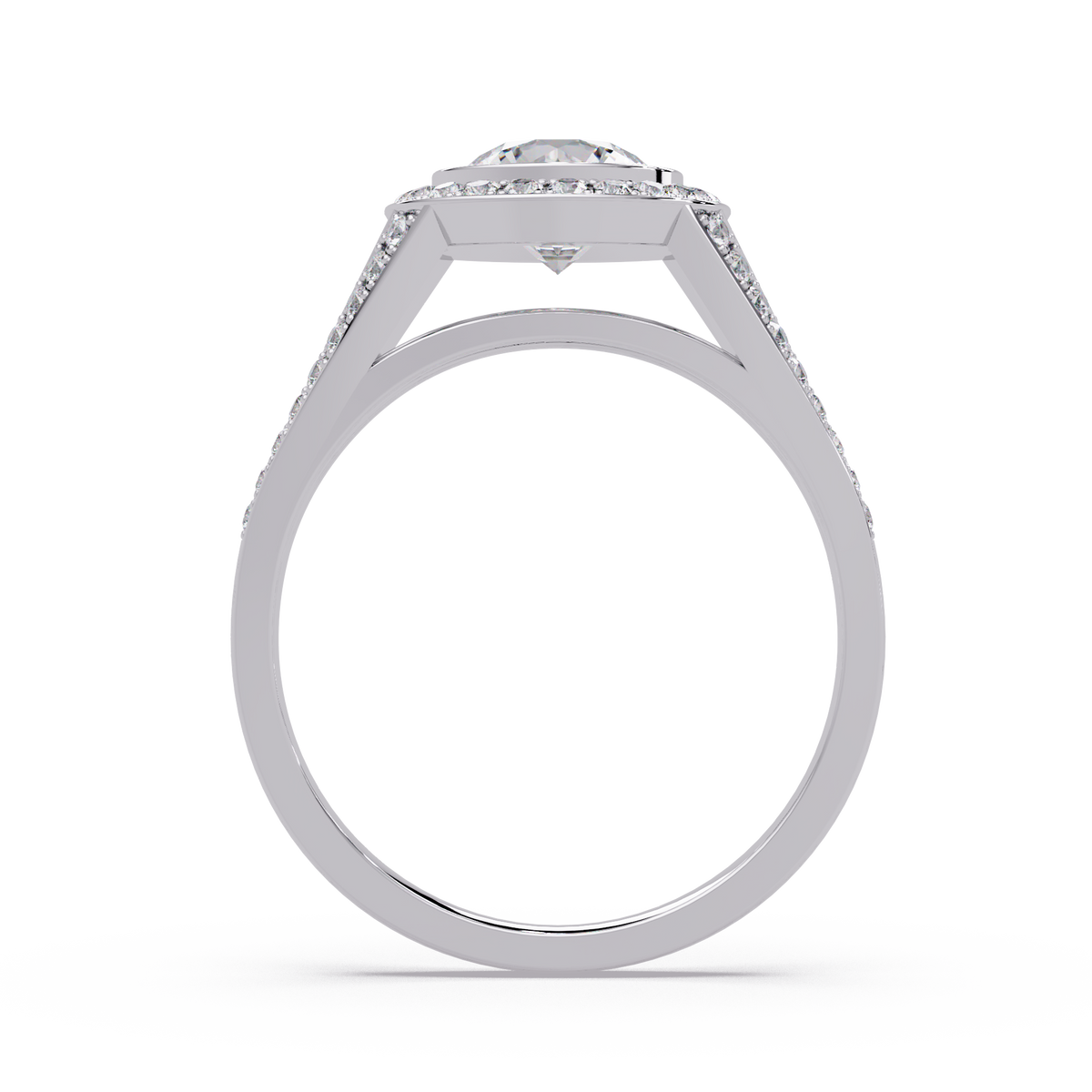 Round Lab Grown Diamond Bezel Halo Split Shank Ring - HIGHCARAT DIAMONDS