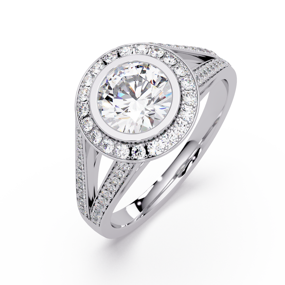 Round Lab Grown Diamond Bezel Halo Split Shank Ring - HIGHCARAT DIAMONDS