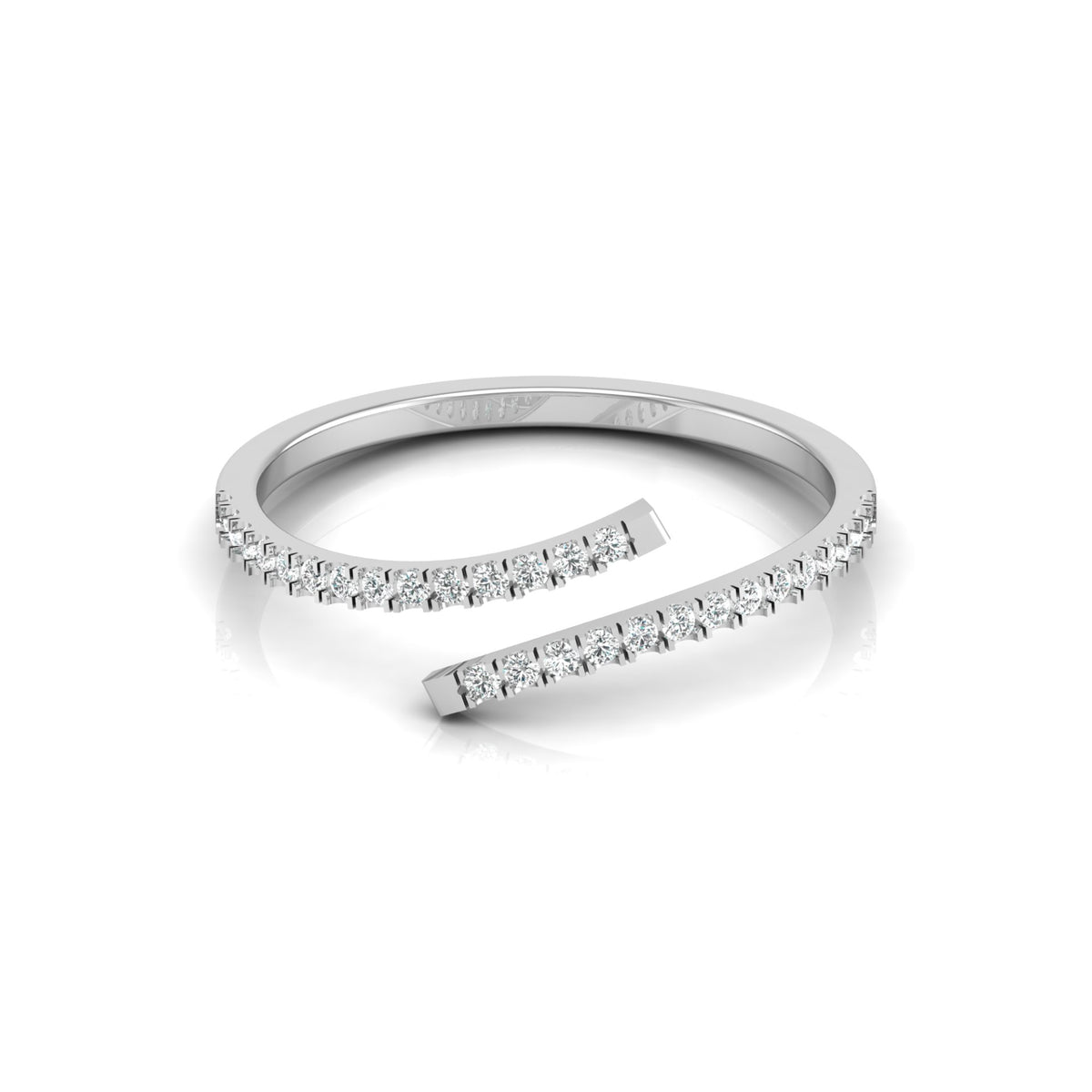 Front view of round lab grown diamond bypass wedding band in white gold