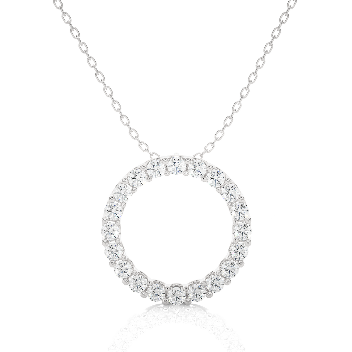 Front view of round lab grown diamond circle pendant necklace in white gold